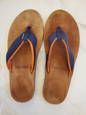 Hari Mari Leather Scouts Flip Flop Sandals Mens Size 12 Navy Orange WORN
